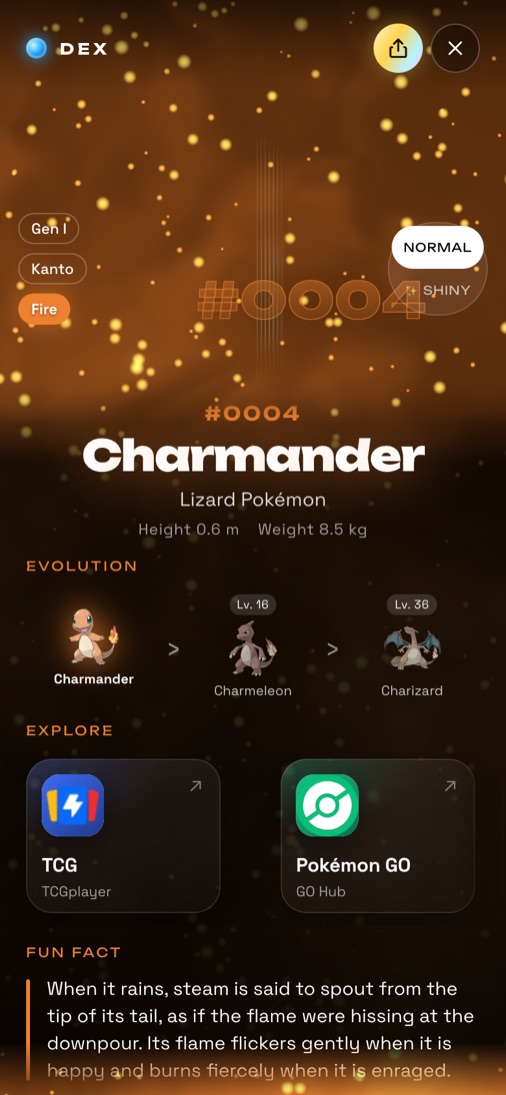 Dex mostrando la ficha de Charmander